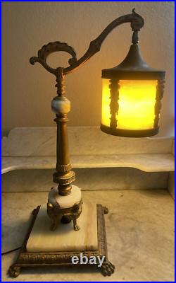 Antique Neoclassical Bridge Arm Table Lamp Beige Bent/Curved Slag Glass Shade