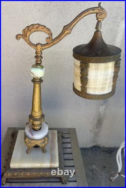 Antique Neoclassical Bridge Arm Table Lamp Beige Bent/Curved Slag Glass Shade