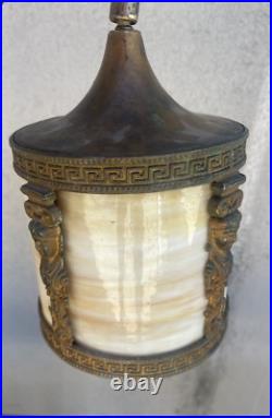 Antique Neoclassical Bridge Arm Table Lamp Beige Bent/Curved Slag Glass Shade