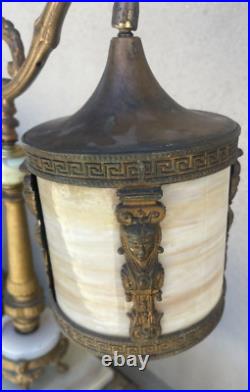 Antique Neoclassical Bridge Arm Table Lamp Beige Bent/Curved Slag Glass Shade