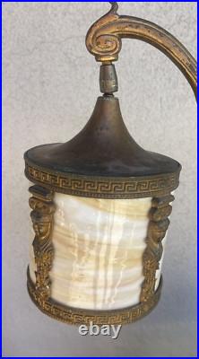 Antique Neoclassical Bridge Arm Table Lamp Beige Bent/Curved Slag Glass Shade