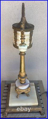 Antique Neoclassical Bridge Arm Table Lamp Beige Bent/Curved Slag Glass Shade