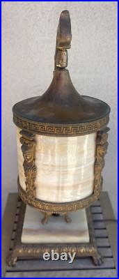 Antique Neoclassical Bridge Arm Table Lamp Beige Bent/Curved Slag Glass Shade