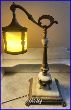 Antique Neoclassical Bridge Arm Table Lamp Beige Bent/Curved Slag Glass Shade