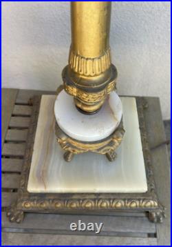 Antique Neoclassical Bridge Arm Table Lamp Beige Bent/Curved Slag Glass Shade