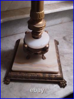 Antique Neoclassical Bridge Arm Table Lamp Beige Bent/Curved Slag Glass Shade