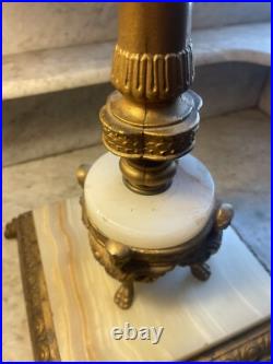 Antique Neoclassical Bridge Arm Table Lamp Beige Bent/Curved Slag Glass Shade
