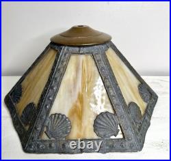 Antique Nouveau Carmel Slag Glass 6 Panel Lampshade Ornate Metalwork Shells Antique Nouveau Carmel Slag Glass 6 Panel Lampshade Ornate Metalwork Shells