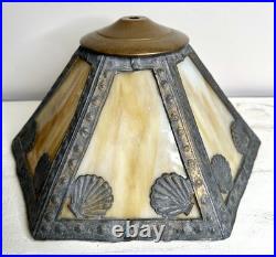 Antique Nouveau Carmel Slag Glass 6 Panel Lampshade Ornate Metalwork Shells