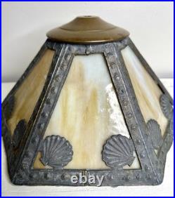 Antique Nouveau Carmel Slag Glass 6 Panel Lampshade Ornate Metalwork Shells