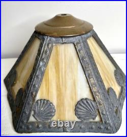 Antique Nouveau Carmel Slag Glass 6 Panel Lampshade Ornate Metalwork Shells