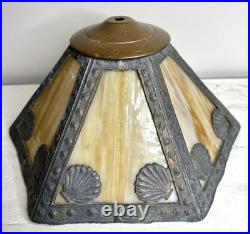 Antique Nouveau Carmel Slag Glass 6 Panel Lampshade Ornate Metalwork Shells