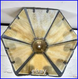 Antique Nouveau Carmel Slag Glass 6 Panel Lampshade Ornate Metalwork Shells Antique Nouveau Carmel Slag Glass 6 Panel Lampshade Ornate Metalwork Shells