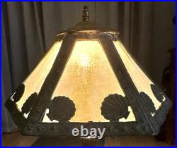 Antique Nouveau Carmel Slag Glass 6 Panel Lampshade Ornate Metalwork Shells Antique Nouveau Carmel Slag Glass 6 Panel Lampshade Ornate Metalwork Shells