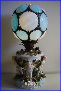 Antique Oil Kerosene Dresden Sitzendorf Porcelain Gwtw Cherub Slag Glass Lamp