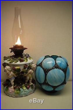Antique Oil Kerosene Dresden Sitzendorf Porcelain Gwtw Cherub Slag Glass Lamp
