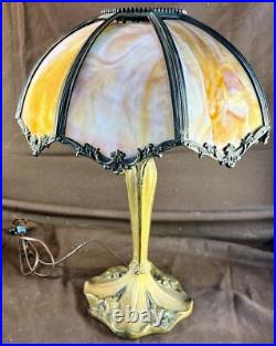 Antique Old American Art Nouveau Floral Bent Slag Glass Lamp Shade & Base Lamp