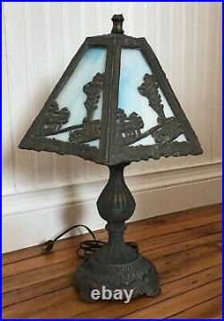 Antique Old Leaded Slag Glass Table Lamp 6 Panel Arts & Crafts