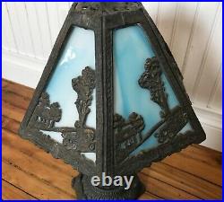 Antique Old Leaded Slag Glass Table Lamp 6 Panel Arts & Crafts