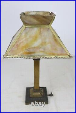Antique Original Paneled Swirled Amber Slag Glass Gas Table Lamp 21 Tall