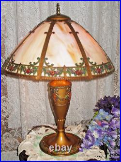 Antique Original Slag Glass Electric Panel Lamp 8 Panels With Enameled Flowers