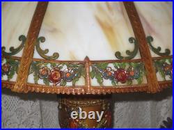 Antique Original Slag Glass Electric Panel Lamp 8 Panels With Enameled Flowers