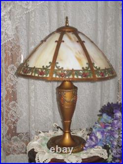 Antique Original Slag Glass Electric Panel Lamp 8 Panels With Enameled Flowers