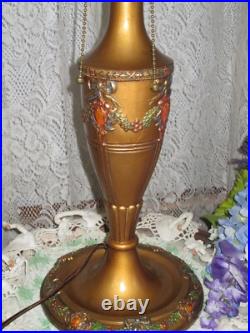 Antique Original Slag Glass Electric Panel Lamp 8 Panels With Enameled Flowers