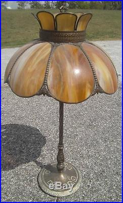 Antique Ornate Brass Figural 1920's Carmel Slag Glass Table Lamp Electric