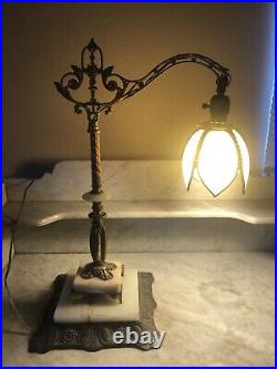 Antique Ornate Double Marble Bridge Arm Lamp with Bent Cream Slag Glass Shade