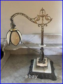 Antique Ornate Double Marble Bridge Arm Lamp with Bent Cream Slag Glass Shade