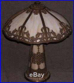 Antique Ornate Filigree Art Nouveau Slag Glass Lamp Lighted Base Faux Bronze 24