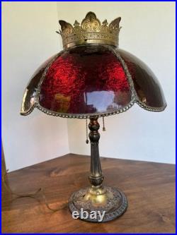 Antique Ornate Victorian Ruby Red Gilted Slag Glass Table Lamp with Crown Accent