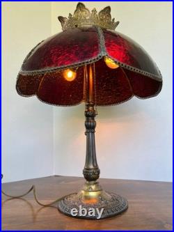 Antique Ornate Victorian Ruby Red Gilted Slag Glass Table Lamp with Crown Accent