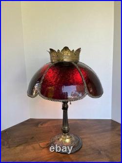 Antique Ornate Victorian Ruby Red Gilted Slag Glass Table Lamp with Crown Accent