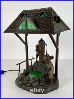 Antique Oswald Schimmelpfennig Spelter Slag Glass Figural Boys Playing Well Lamp
