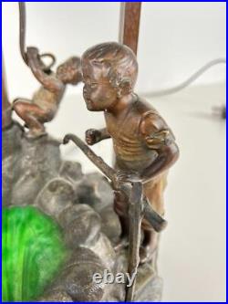 Antique Oswald Schimmelpfennig Spelter Slag Glass Figural Boys Playing Well Lamp