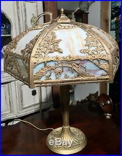 Antique Overlay 12 Panel Slag Glass Lamp by Empire Lamp & Brass Mfg. Of Chicago