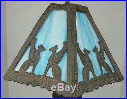Antique PH Poul Henningsen Heavy Cast Bronze Paneled Blue Slag Glass GWTW Lamp