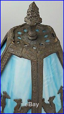 Antique PH Poul Henningsen Heavy Cast Bronze Paneled Blue Slag Glass GWTW Lamp