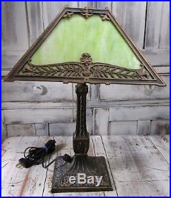 Antique P. L. B. & G. Co Arts & Crafts Lime Green Slag Glass Library Table Lamp