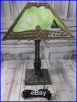 Antique P. L. B. & G. Co Arts & Crafts Lime Green Slag Glass Library Table Lamp