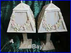 Antique Pair Barbola Roses Slag Glass Boudoir Lamp Hand Painted Both Work