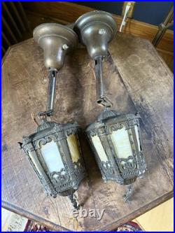 Antique Pair GOTHIC SLAG GLASS HANGING LAMPS Light Fixtures