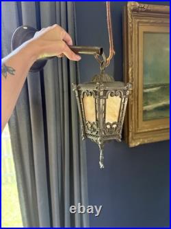 Antique Pair GOTHIC SLAG GLASS HANGING LAMPS Light Fixtures