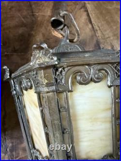 Antique Pair GOTHIC SLAG GLASS HANGING LAMPS Light Fixtures