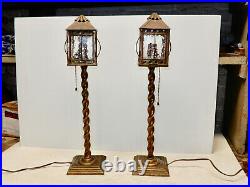 Antique Pair Original Arts And Crafts Brass And Slag Glass Pullman Lamps