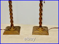 Antique Pair Original Arts And Crafts Brass And Slag Glass Pullman Lamps