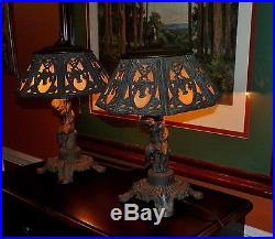 Antique Pair POUL HENNINGSEN 8 PANEL Slag Glass Reticulated Putti Angel Lamps
