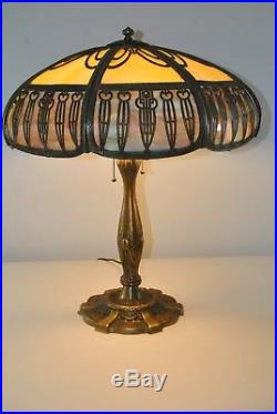 Antique Panel Bent Slag Caramel Glass Table Lamp Mosaic Shade Co. Chicago